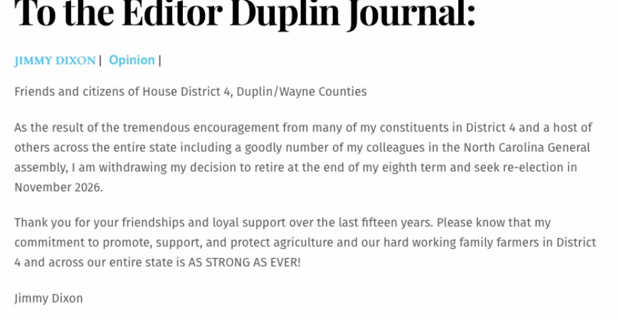 To the Editor Duplin Journal: 
