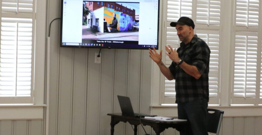 Locals help artist Max Dowdle plan artwork that will celebrate the town’s history, culture